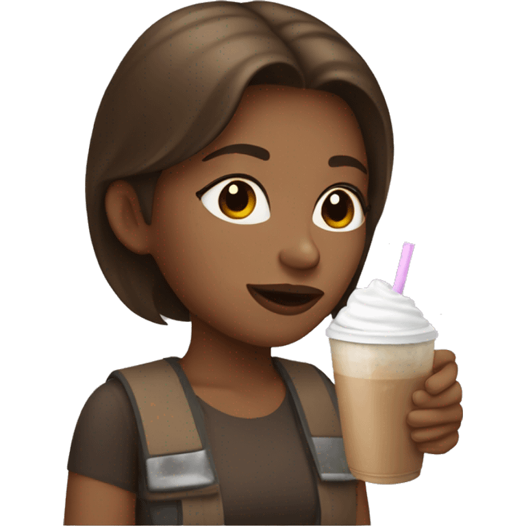 brown haired girl drinking ice coffee emoji