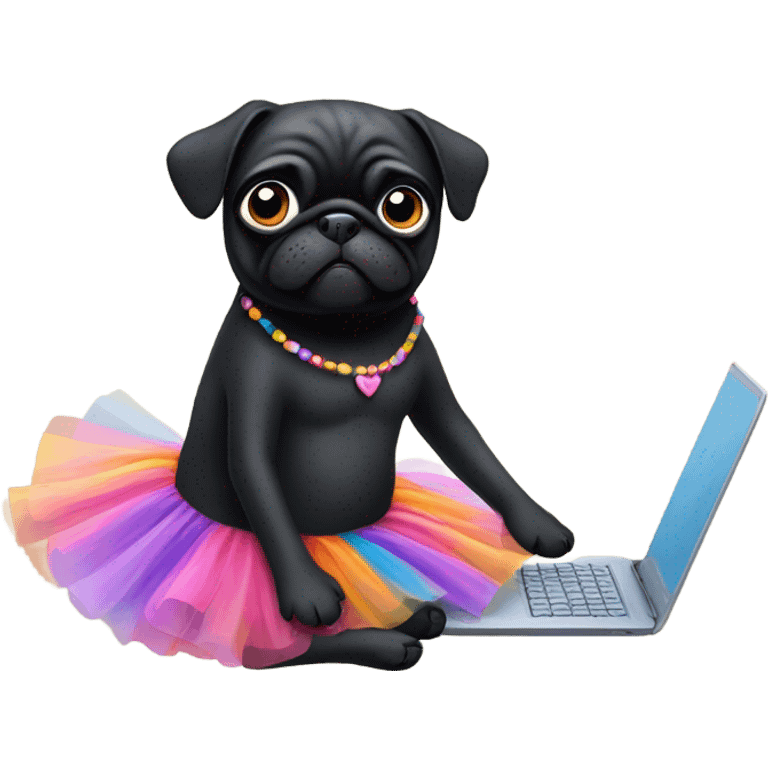 Black pug using a laptop while wearing a tutu dress emoji