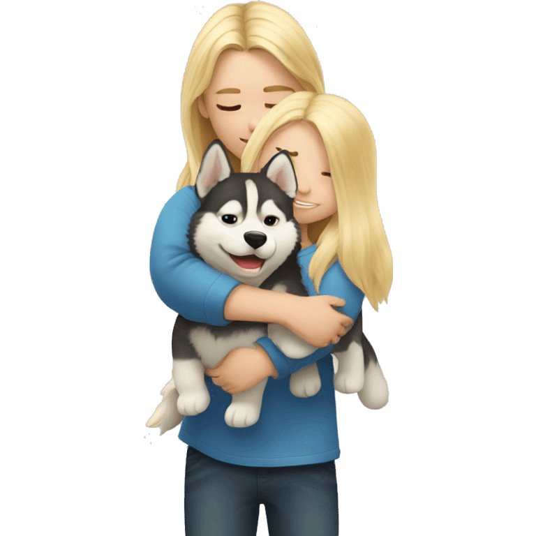 blond kid with long hair is hugging husky  emoji