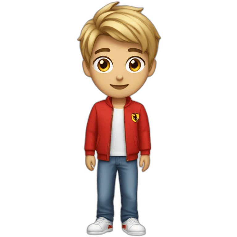 A male teenager with very short dart hair and brown eyes dressed as a ferrari supporter emoji