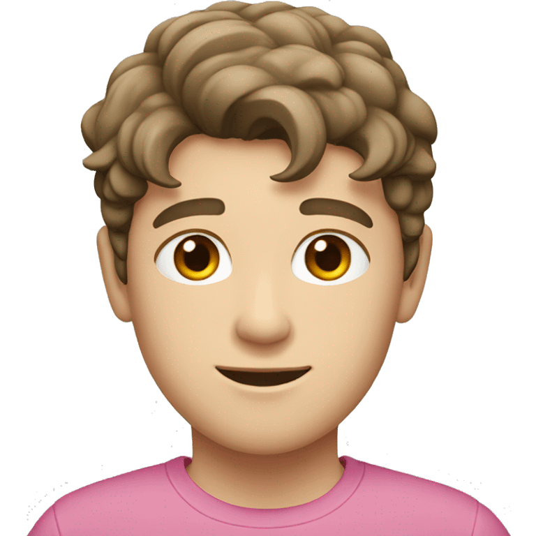 White boy with dark brown hair flipped to the side. Pink shirt.  emoji