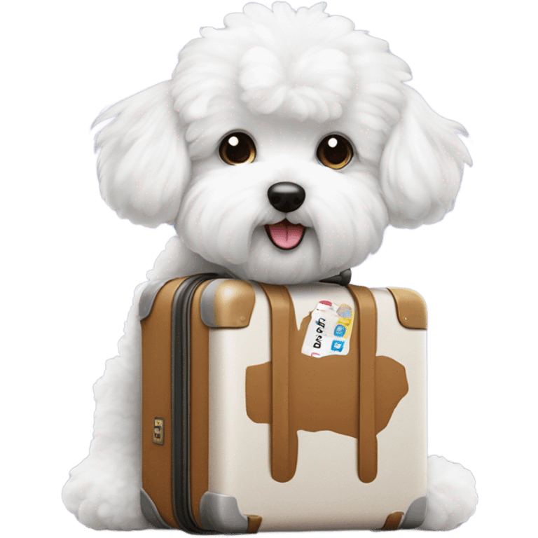 A world traveler, Bichon Frise, with a suitcase filled with iconic places stickers on the suitcase  emoji