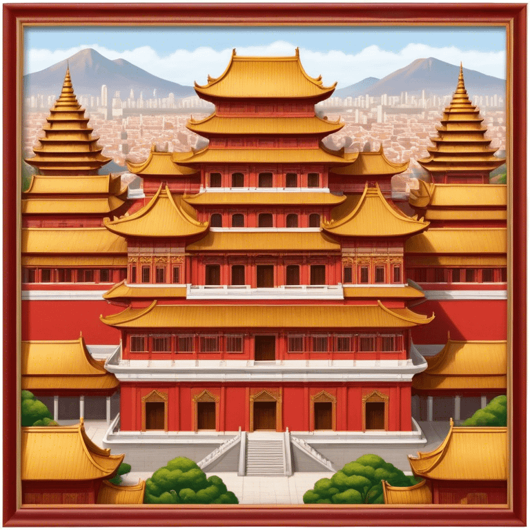 Cinematic Realistic Forbidden City Landmark Emoji, depicting grand imperial architecture with golden rooftops, vast courtyards, and intricate wooden carvings, all surrounded by towering red walls. emoji