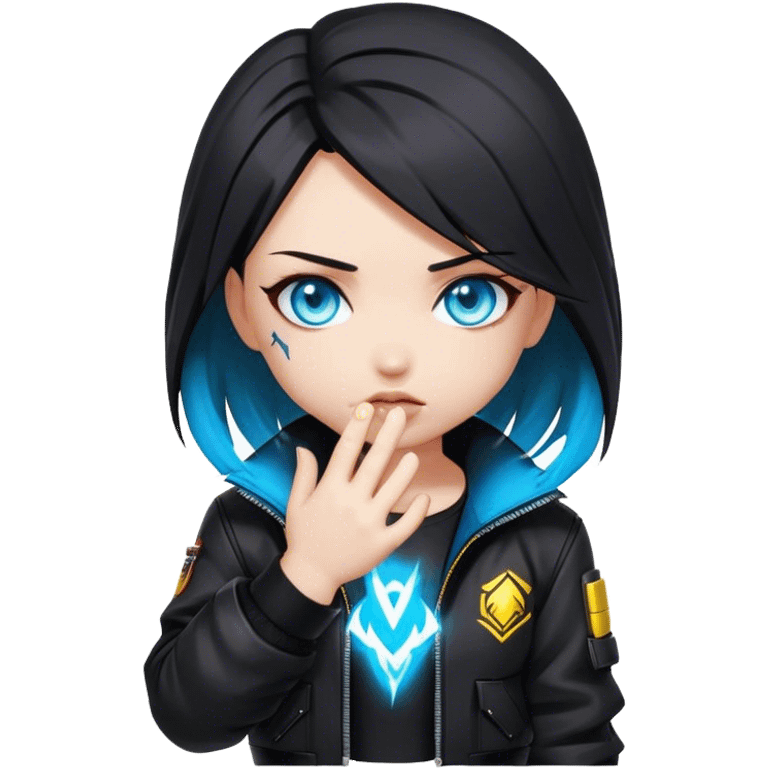 Black hair cyberpunk 2077 chibi girl with blazing blue eyes and black jacket. Hide face in hands emoji