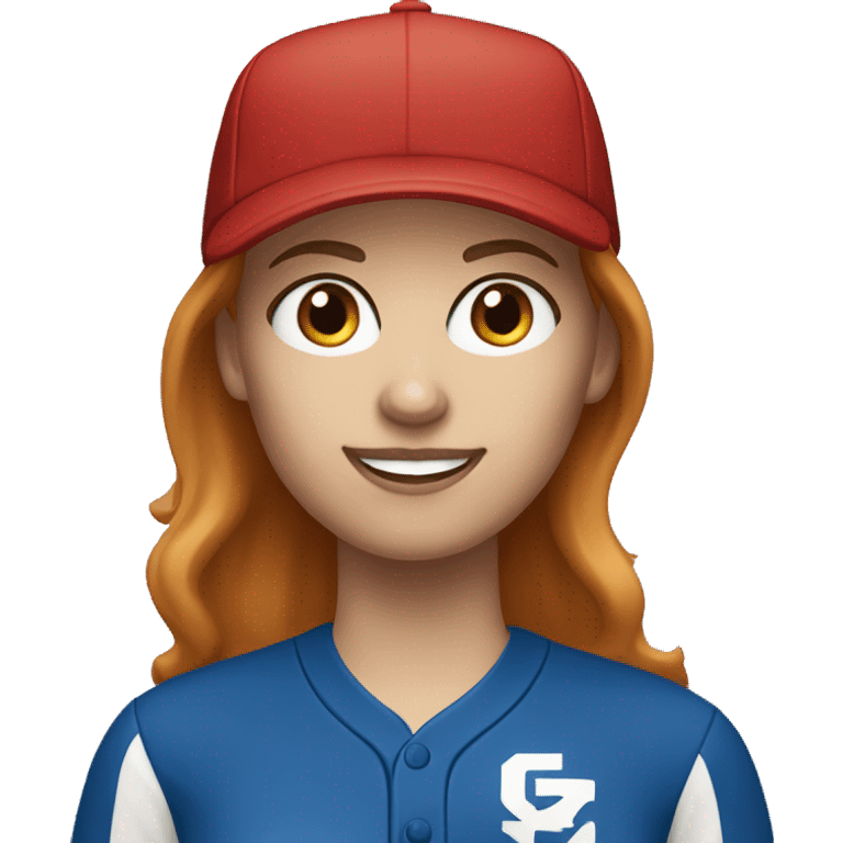 white female coach with red long hair in blue shirt and with a blue baseball hat emoji