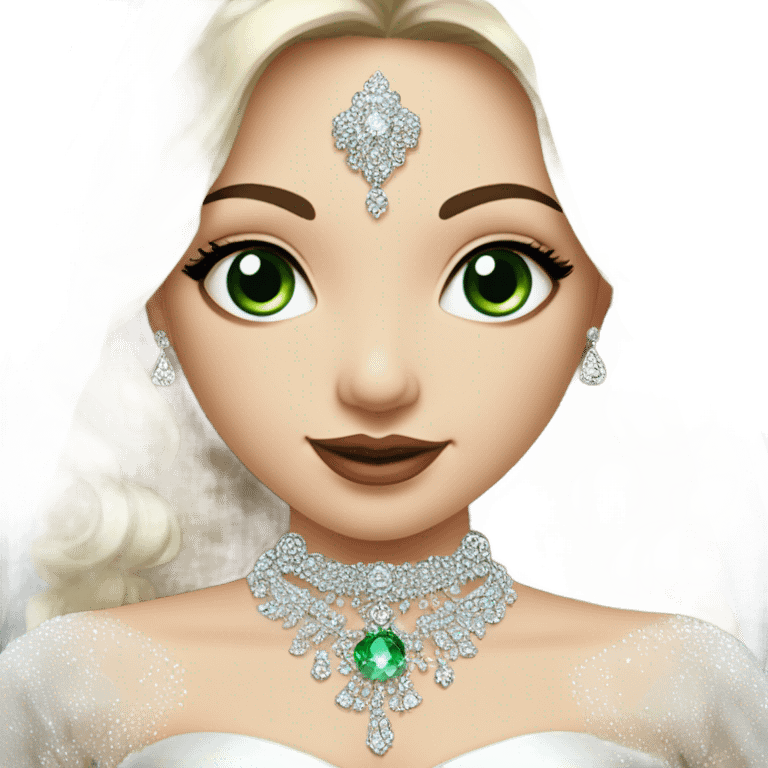 Hyper Realistic ornate ballgown long sleeve Wedding dress with diamanté on Russian bride with pale skin and green eyes and long black hair with veil and diamond jewelry hyper realistic  emoji