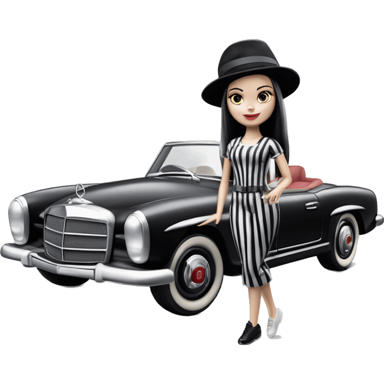 Malibu Barbie, 1965 Wednesday Addams from academy, in dark-gray and black striped outfit with hat. Smiling Driving Mercedes convertible sports car. Pale-white porcelain skin.  emoji