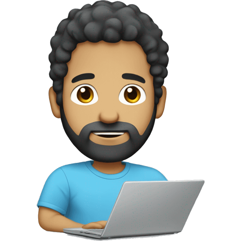 white guy with beard black hair big nose thin face typing in laptop wearing sky blue t-shirt emoji