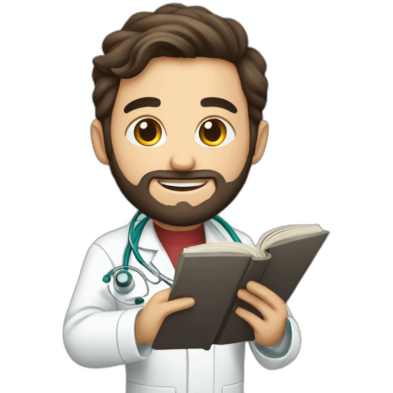 young spanish surgeon with beard and stethoscope,reading a book emoji