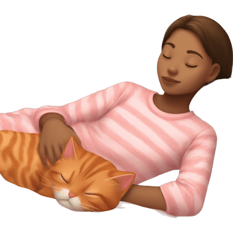 brunette girl sleeping wearing pink pjs with her orange tabby cat  emoji