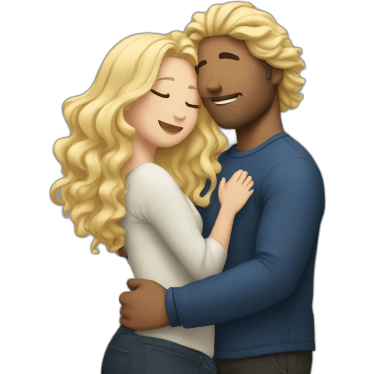 Man with dark long curly hair hugging a blonde curvy woman emoji