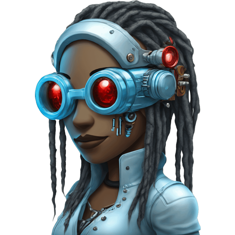 Light blue long dreadlocks female cyborg head with red steampunk goggles and circuits emoji