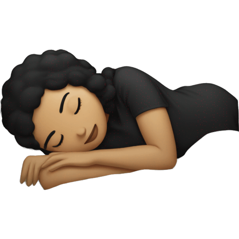 Sleeping woman with light skin and black hair laying on pillow in large bed with black covers cozy emoji