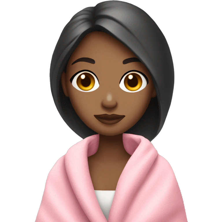 a girl with light skin and dark hair and a glass of white wine wrapped in a pink blanket emoji