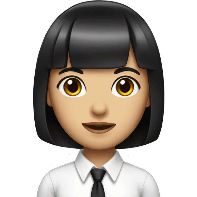 A girl with a bob black hair with bang wearing white shirt with a black tie emoji