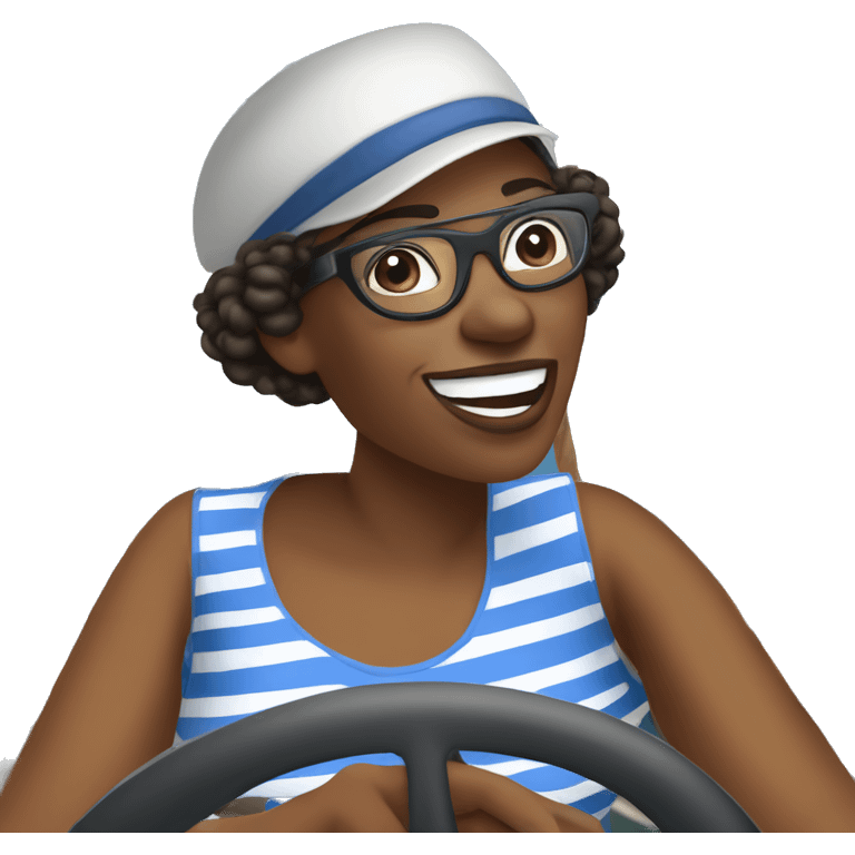 An african american woman at the wheel of a sailboat in a blue and white striped shirt with black glasses and a star on her captain's hat. emoji