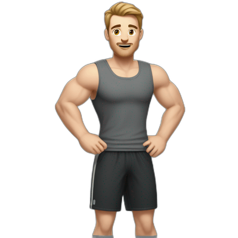 Full height Actively gesturing with hands Pale skinned Fit Man With the biceps and brown hair in dark gray Sleeveless Mike, black oversize sports shorts, watch and white Sneakers emoji