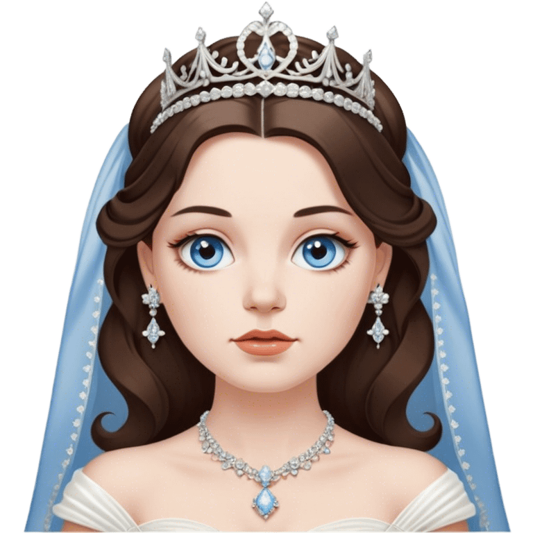 vivienne westwood style wedding dress with dainty diamonds hanging down from the waist. long brunette haired women with silver jewelry and tiara. medium blue eyes. long eyelashes. chubby cheeks. High cheekbones. symmetrical face proportions  emoji