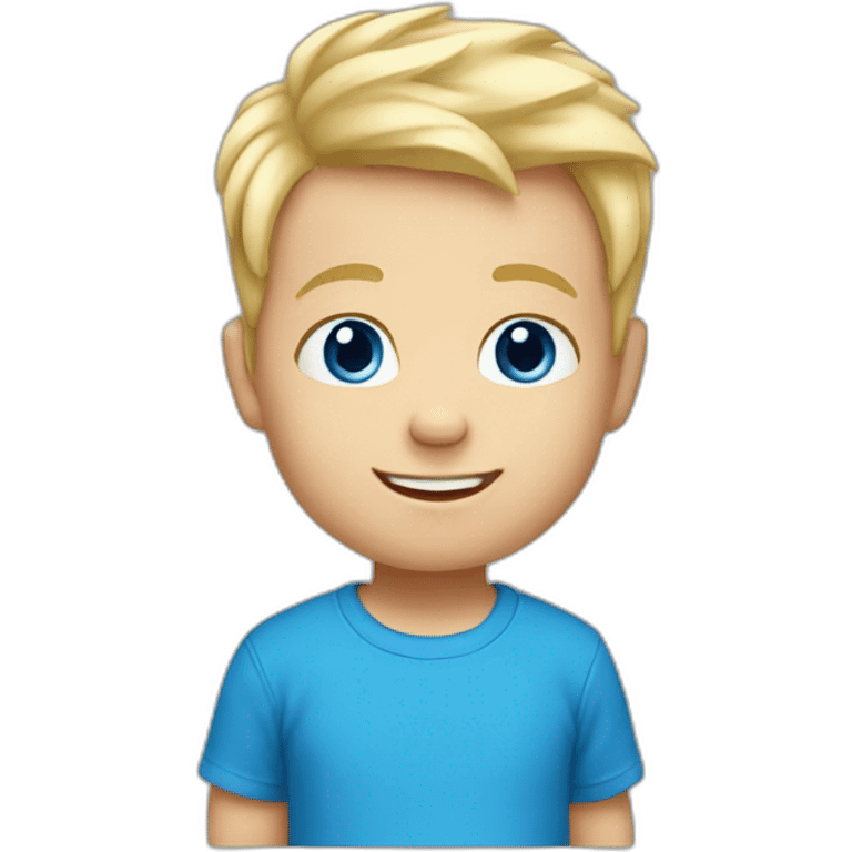 A baby boy with blonde hair, blue eyes and a blue t-shirt and with teeth emoji