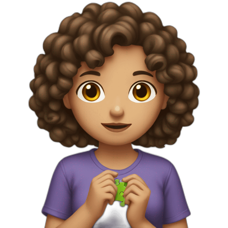 curly brunette girl holding a puzzle in her hands emoji