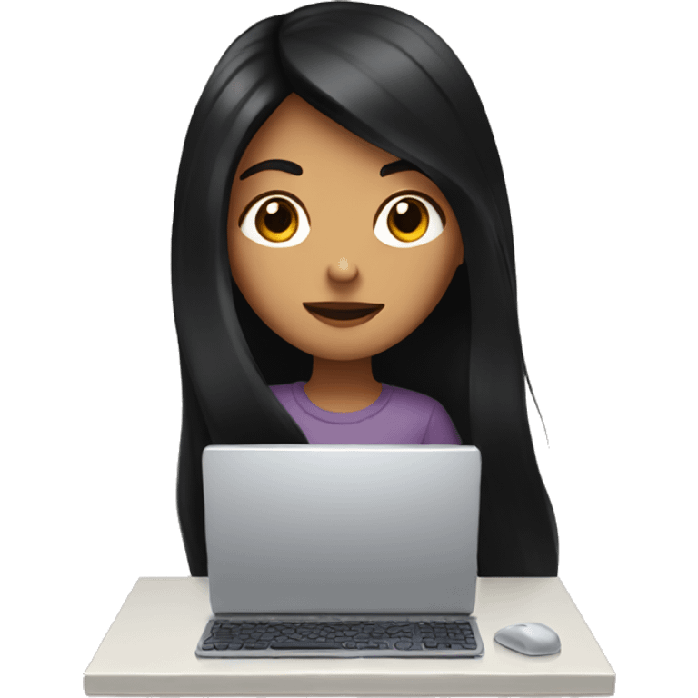 A girl with long black hair looking at a computer screen emoji