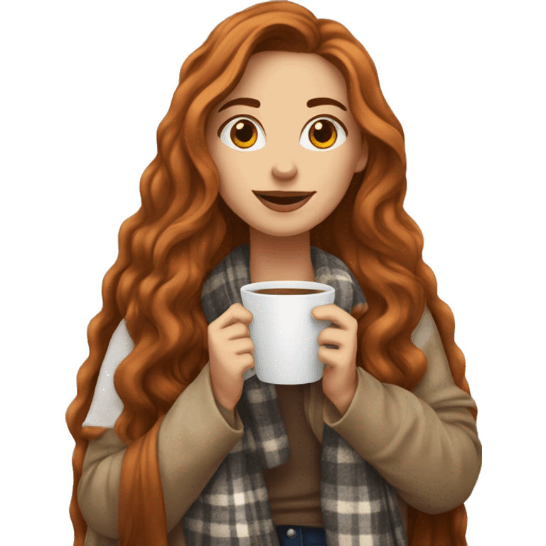 Auburn long haired girl in with a blanket and a latté coffe emoji