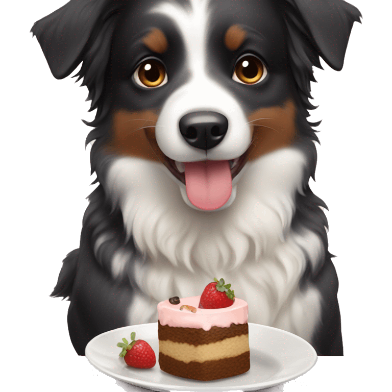 Small black australian shepherd dog eating dessert  emoji