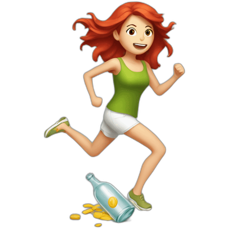 red-haired woman runs under her feet a broken bottle emoji