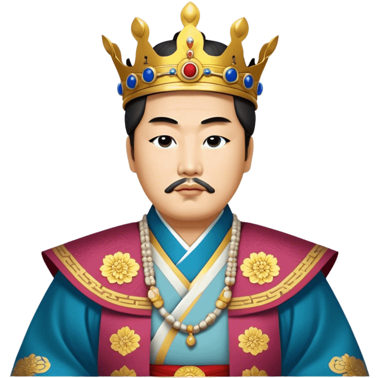 Cinematic Realistic King Sejong Portrait Emoji, depicted as a wise benevolent monarch in traditional Korean royal attire with a thoughtful gaze, rendered with intricate textures and regal soft lighting that captures his historical significance. emoji