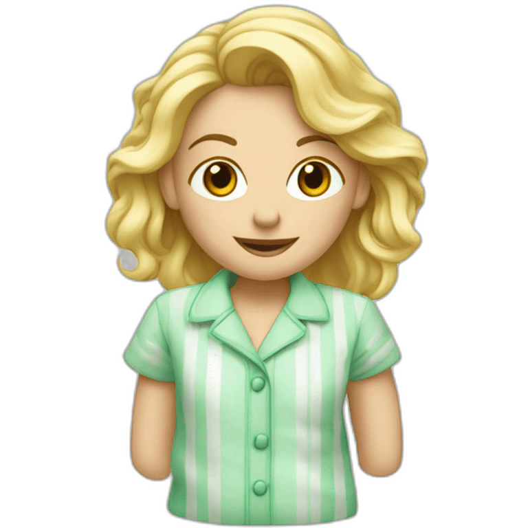 Un blond au cheveux bonclé qui a un pyjamas vert et blanc  emoji