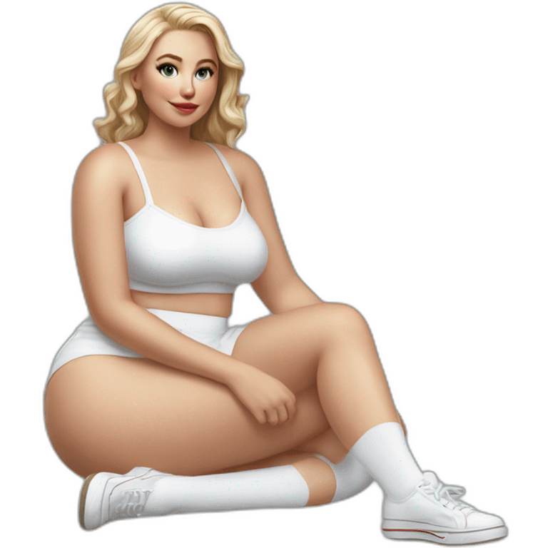 hyperrealistic-full-body-caucasian-curvy-beauty-sitting on the ground-small white-skirt-white knickers white socks emoji