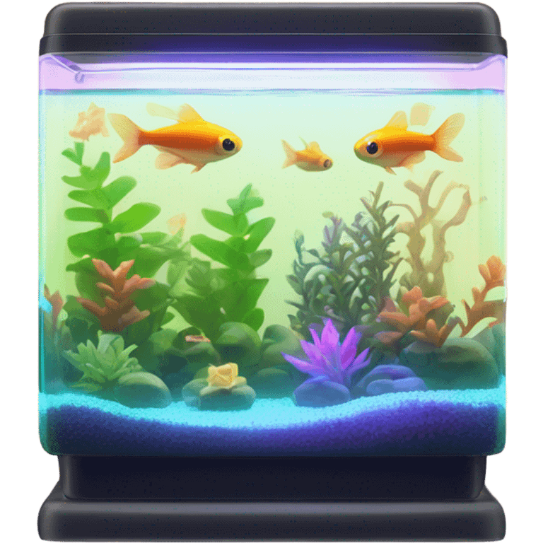 Rectangular fish tank with cute fish, beige lid and wedgesk with plants inside  and glow tetra fish in neon colors  emoji