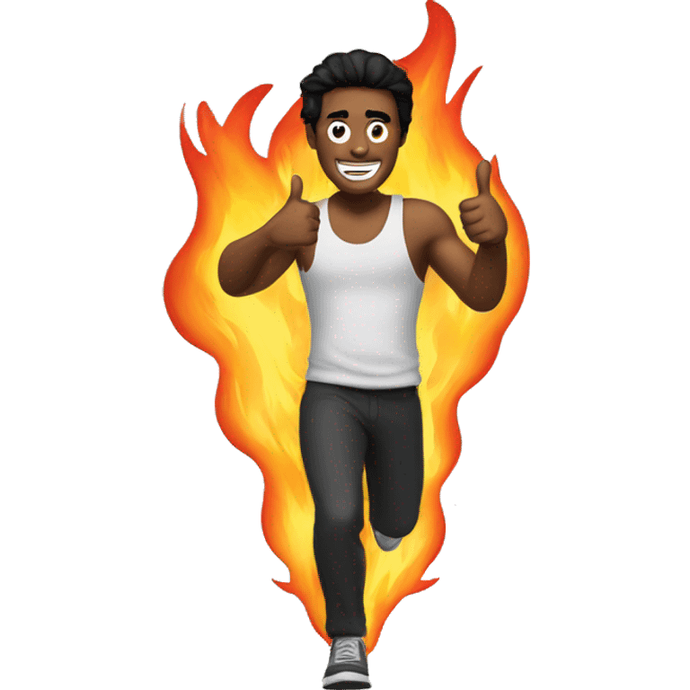 a man running with black hair and his thumbs up with fire behind him emoji