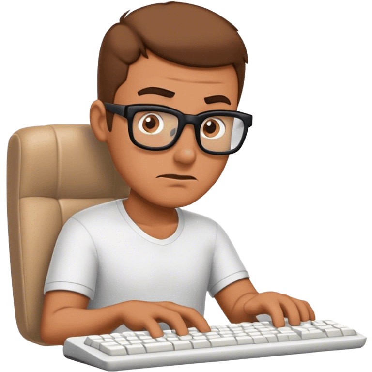 Dessine moi une homme bête devant son ordinateur. L'homme doit avoir l'air très bête devant son clavier d'ordinateur. C'est l'interface chaise / clavier. emoji