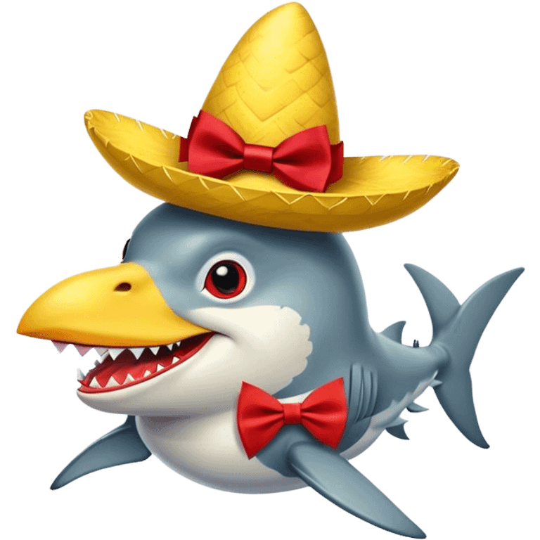 Chicken wearing a sombrero and bow tie riding a shark emoji