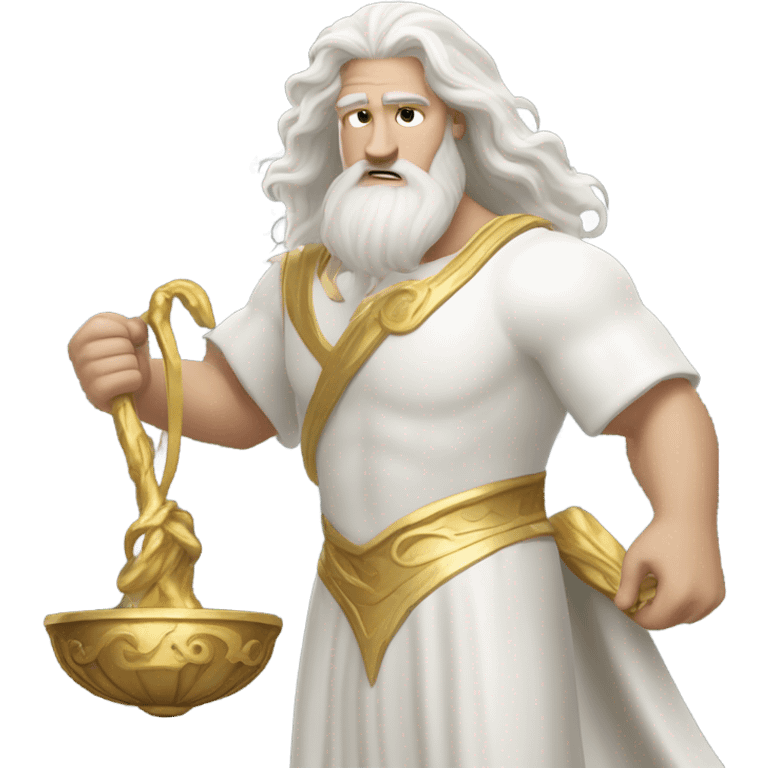 white man Poseidon lift gold weight . long white hair white dress. emoji