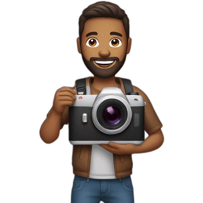 Brown skinned guy with beard holding a photo camera emoji