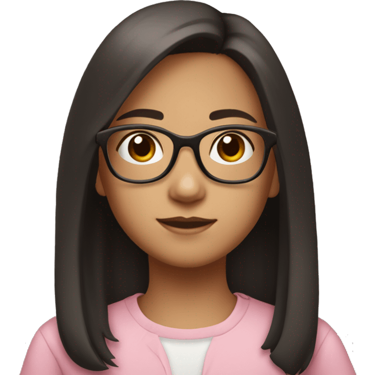 A young girl, around 10-12 years old, with shoulder-length dark hair and wearing light pink-framed glasses. She has a calm and neutral expression emoji