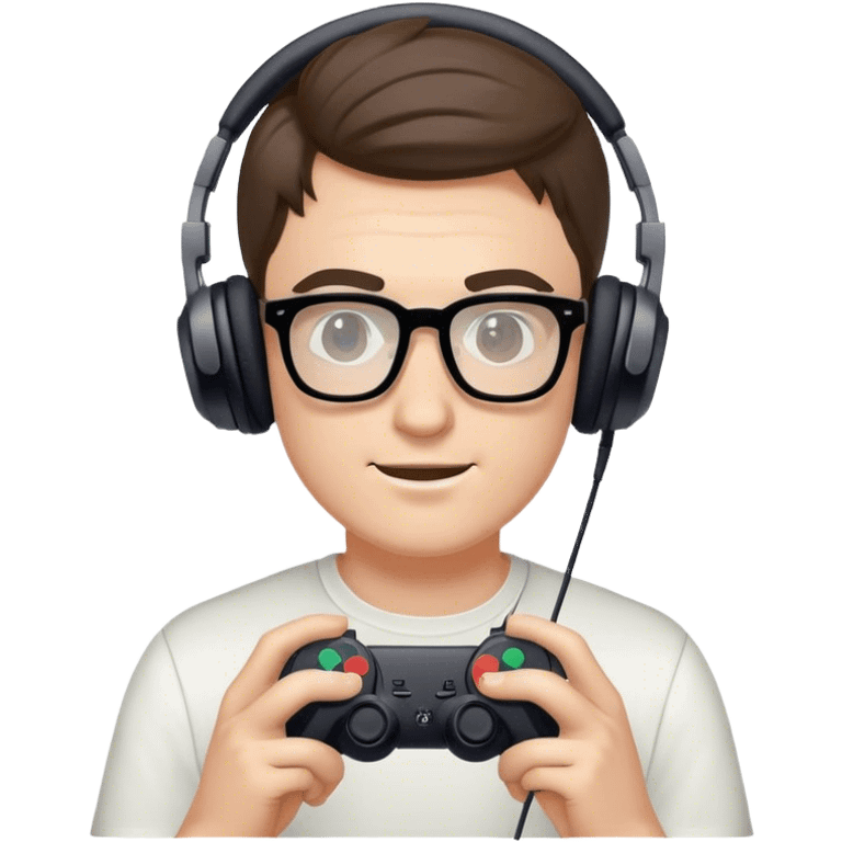 Muchacho guapo tez clara con lentes con audífonos jugando playstation emoji