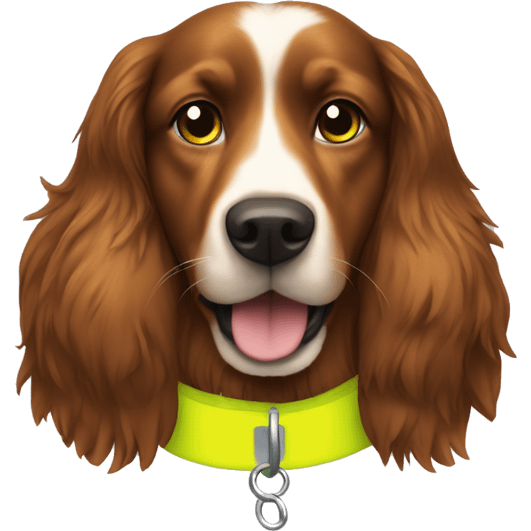 chestnut brown long haired dog with high vis yellow collar  emoji