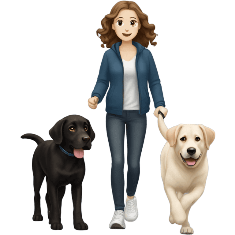 White girl with wavy brown hair walking a black Labrador emoji