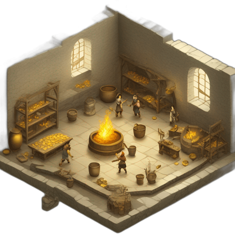 open floor plan of a medieval mint showing different people working, one person on the furnace, some people molding liquid gold into coins emoji