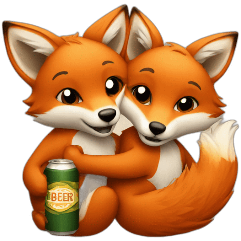 Couple of foxes hugging with a beer emoji