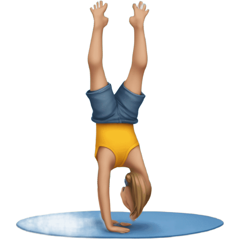 7 year old girl fair skin doing handstand against blue wall  emoji