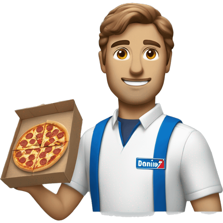 white man with brown hair working at dominos pizza with a pizza uniform emoji