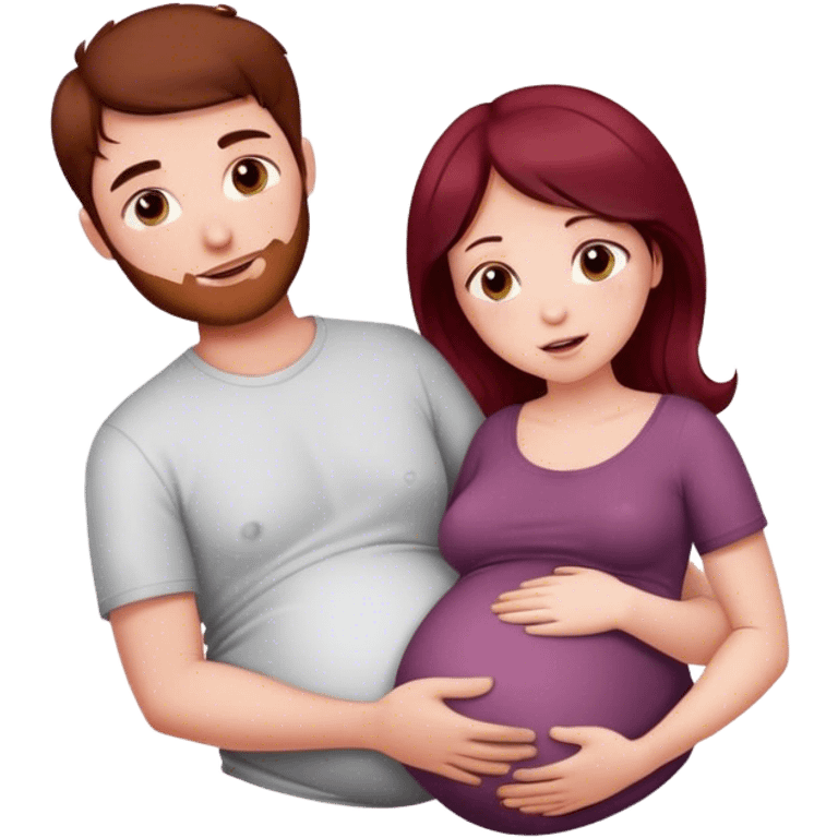 Beautiful burgundy haired pregnant girl with dark haired boyfriend holding stomach emoji