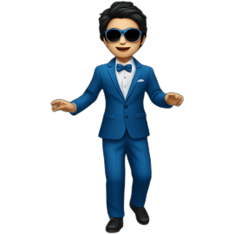 Little kid dancing at party with full blue suit and sunglasses and dark hair emoji