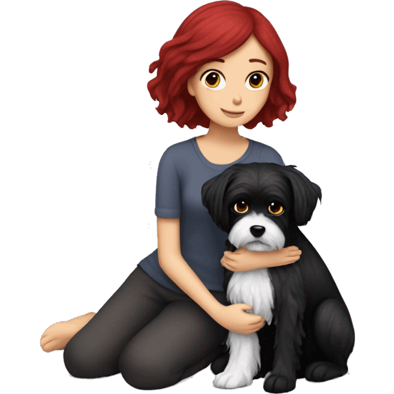 Dark red hair girl hugs  her maltese black dog emoji