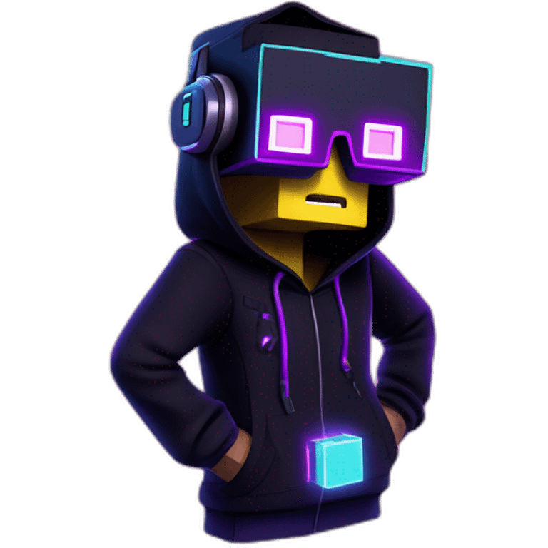 Minecraft Creeper wearing a black hoodie with "OMG" letters on it and VR headset in a cyberpunk VR environment with violet neon lighting. emoji