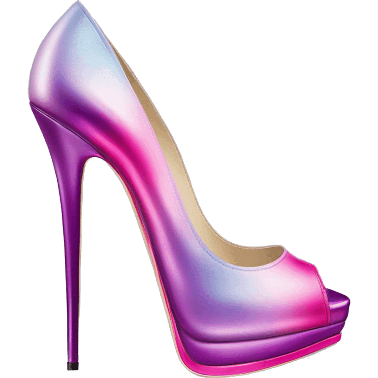 Realistic isolated top view of a pair of Jimmy Choo metallic pastel lavender,hot pink,royal purple and magenta ombre stiletto high heel shoes. emoji